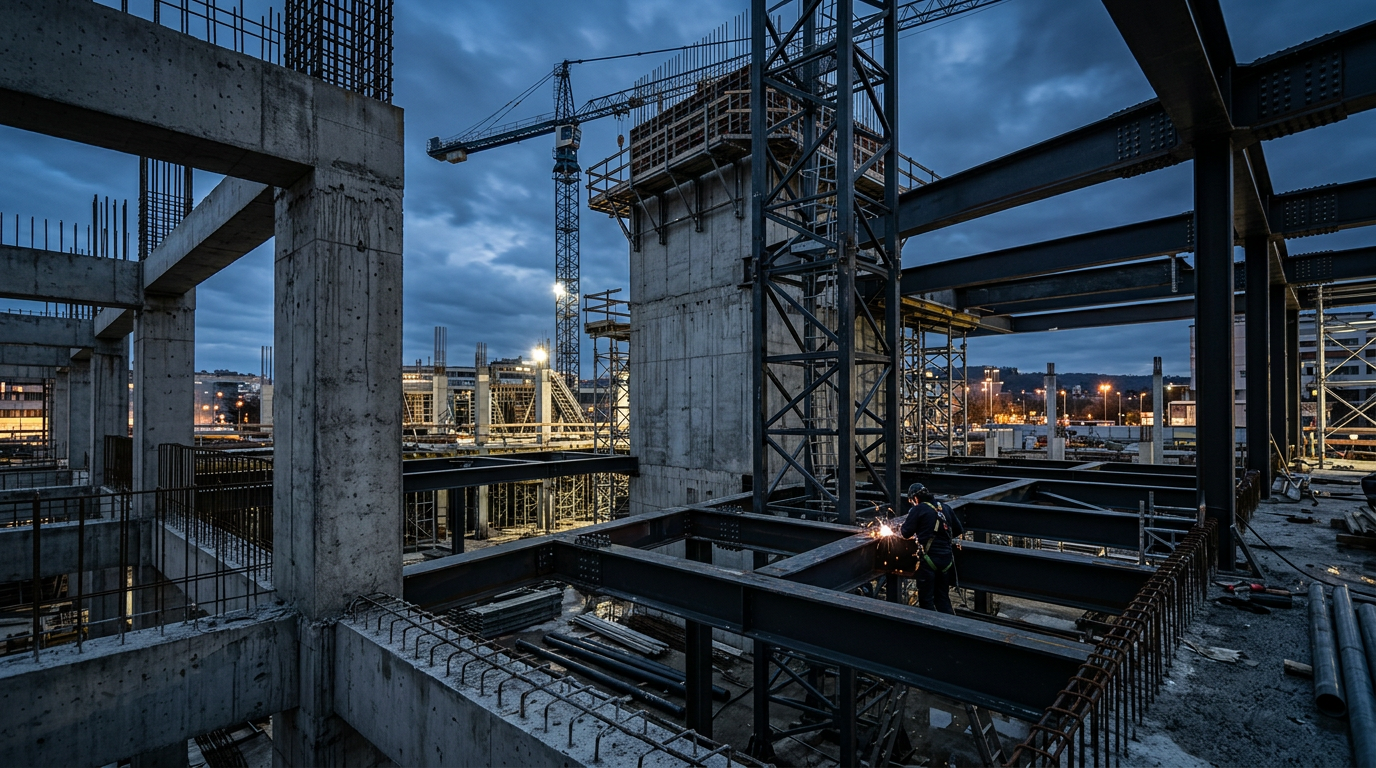 Gradbišče z betonskimi in jeklenimi elementi